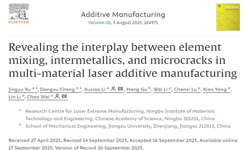 中科院«AdditiveManufacturing》揭示激光增材制造中元素混合、金属间化合物和微裂纹之间的相互作用